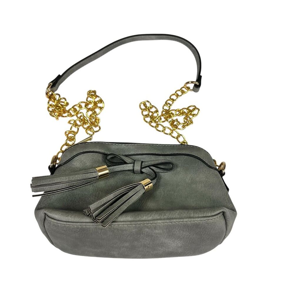 Women's Gray Vegan Shoulder Bag with Gold Chain Strap